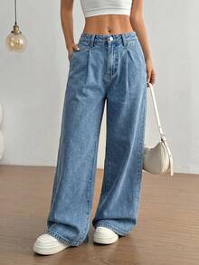 SHEIN LUNE Women's Casual Y2k Everyday Washed Fold-Over Pleated Wide Leg Jeans Back-To-School Light Blue Summer - Blue - View 3