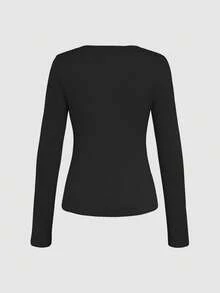 Spring/Summer New Women's Solid Color Long Sleeve Casual Versatile T-Shirt - Black - View 2