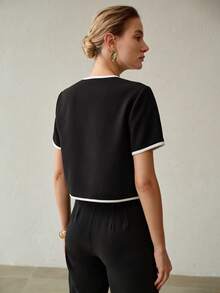 MOTF PREMIUM SUMMER CONTRAST TRIM SHORT SLEEVE SINGLE-BREASTED BUTTON-UP JACKET - Black and White - View 4