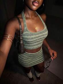Amplova Women's Color Block Halter Top And Mini Skirt Sexy Date Night Out Night Outfit Grey Summer - Green - View 4