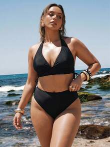 SHEIN BAE Conjunto de Bikini Talla Grande para Vacaciones de Verano en la Playa con Cuello Halter y Cordón Lateral - Negro - Ver 6