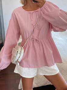 DAZY Set pigiama da donna 2 pezzi con blusa ampia decorata con fiocco e pantaloni corti, outfit primavera estate, tonalità rosa - Rosa - Visualizzare 4