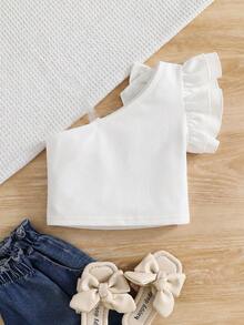 SHEIN Top de un solo hombro con volantes y lazo asimétrico de unicolor para niñas jóvenes en verano - Blanco - Ver 5