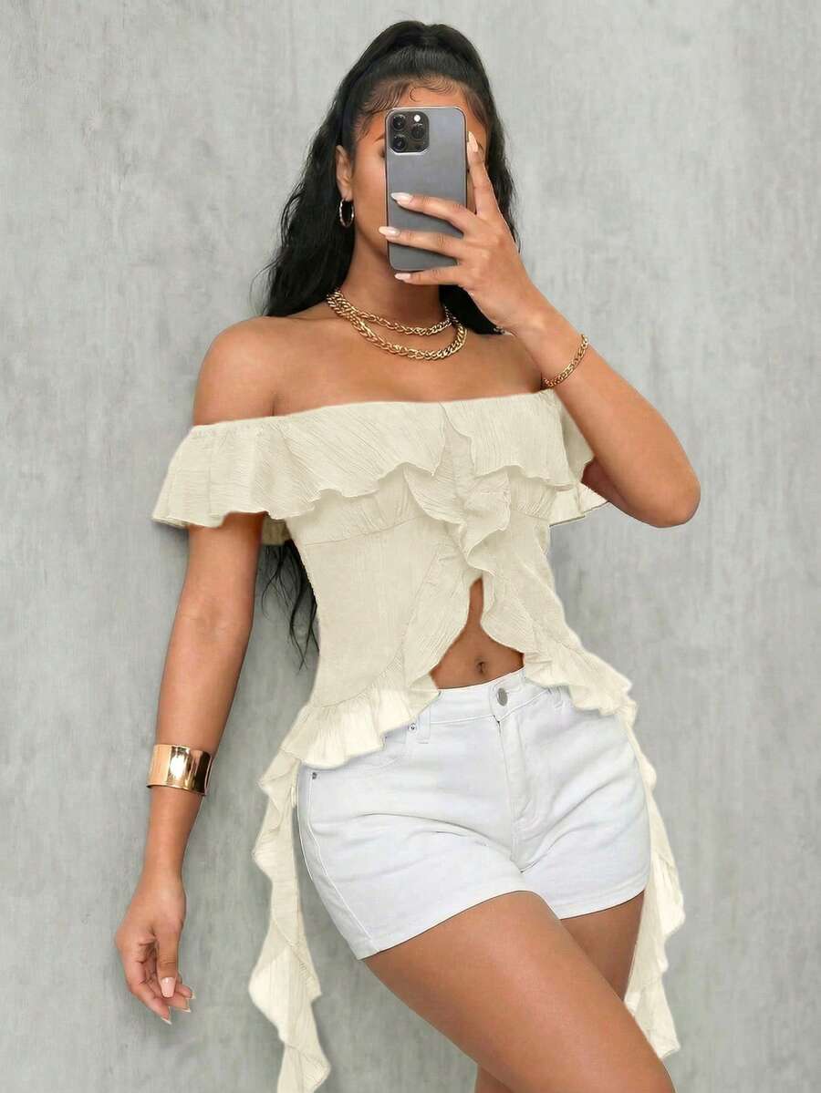 Eryvara Women's Shoulder Top, Sexy Romantic Elegant Vacation Style, Textured Fabric Design With Ruffle Hem Night Out Date Night Beige Summer - Apricot - View 1