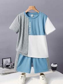 SHEIN 2pcs Kids Tween Boy Casual Contrast Color Crew Neck Short Sleeve T-Shirt And Shorts Set, Suitable For Commuting, School, Daily Casual Outings, Sports, Spring/Summer, Beach Vacation - Blue - View 2