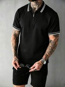 Manfinity Homme Color Block Collar Zip-Up Polo Shirt - Black - View 3