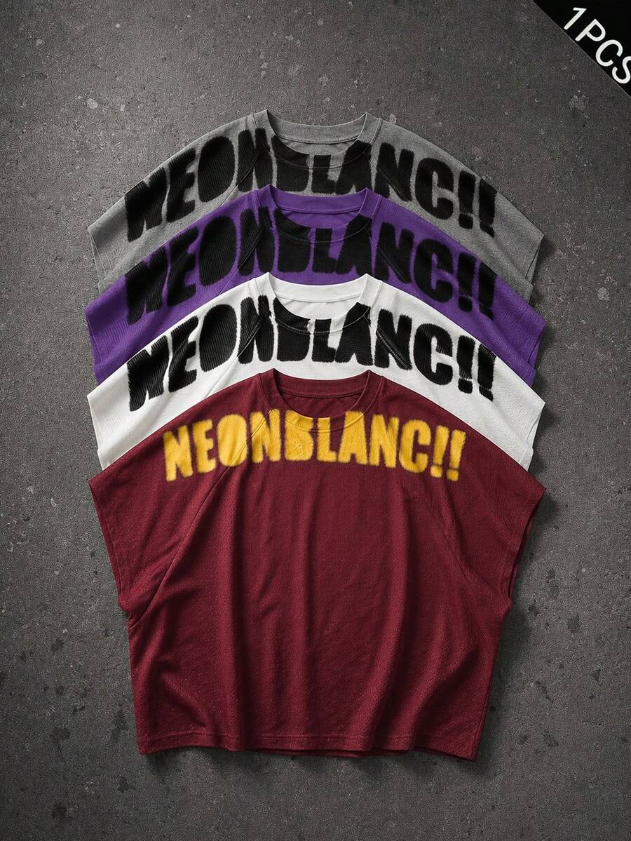 NEON BLANC Men's Bold Letter Print Graphic Muscle Tank Top, Crew Neck, Streetwear Summer, Football - Red - View 1