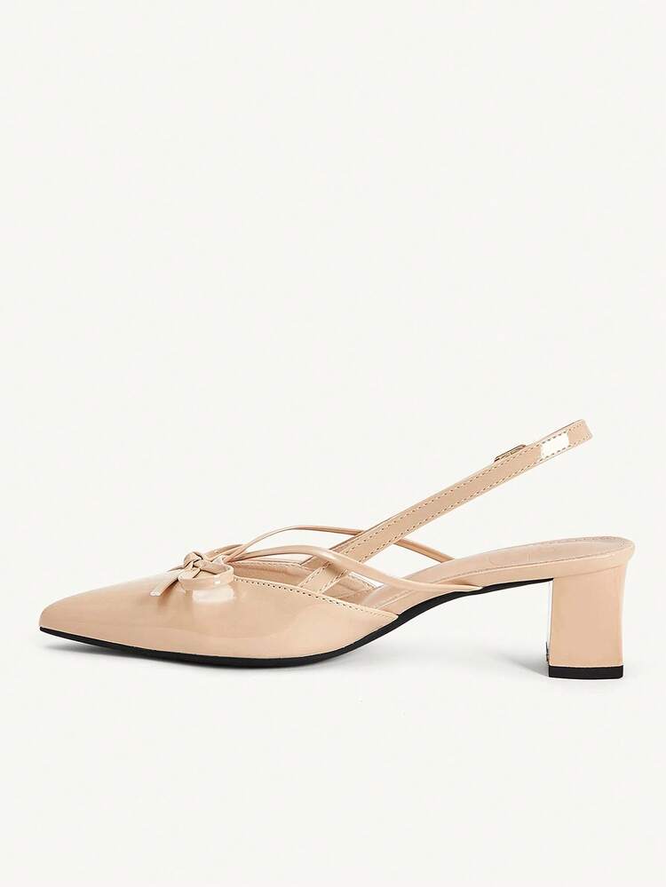 CUCCOO CHICEST Nude Pointed Bow Slingback Thick Heel Sandals, Workplace Commuting Temperament Shoes