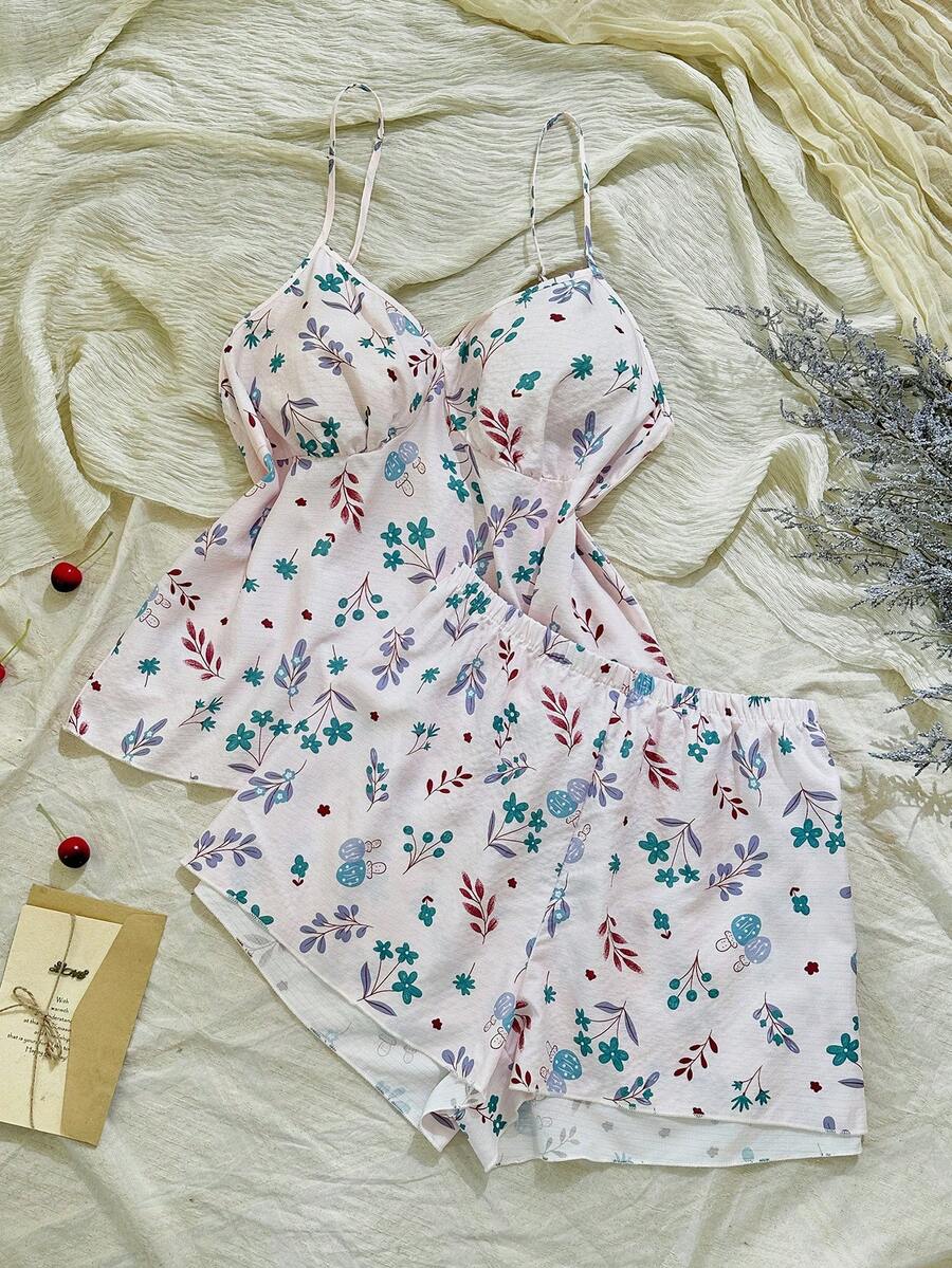 CottageSlumber 2pcs/Set Conjunto de Pijama Talla Grande con Estampado de Plantas, Efecto Visual de Cintura Ceñida, Camisola & Pantalones Cortos - Multicolor - Ver 1