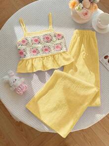 Emery Rose Kids Emery Rose Kids 两件套女童纯色梭织吊带背心和长裤套装 - 黃色 - 查看 3