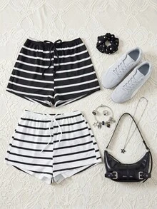 SHEIN 女士简约日常黑白条纹两件套睡眠短裤 - 黑與白 - 查看 1