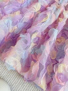 SHEIN Glamorique Kids 女嬰無袖公主洋裝，淡紫色緞面上身搭配彩色3D花朵刺繡裙襬，背面附可拆式大蝴蝶結，適合1歲生日派對、生日慶祝、婚禮花童、家庭聚會、日常出遊、拍照、度假、畢業舞會 - 紫色 - 查看 8