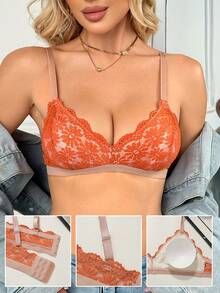 SHEIN 1件女士蕾絲無鋼圈內衣 - 亮橙色 - 查看 4