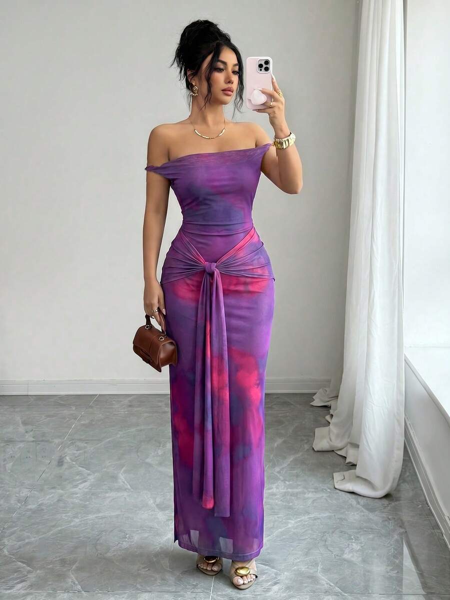 Elenzga Women's Summer New Elegant Sexy Beach Night Out Vacation Mesh Purple Sequin Print Off-Shoulder Fitted Dress - Bold Plum - View 1