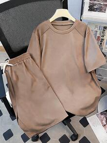 SHEIN 青少年男童两件套休闲宽松舒适logo装饰短袖上衣和短裤套装，春夏款 - 卡其色 - 查看 5