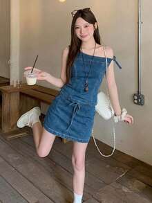 DAZY 女款露肩修身休閒牛仔套裝 夏季校園風 - 藍色 - 查看 6