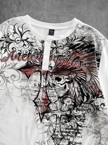 ROMWE MEN Áo thun nam cổ Henley họa tiết in tay dài dáng rộng - Màu be - Xem 2
