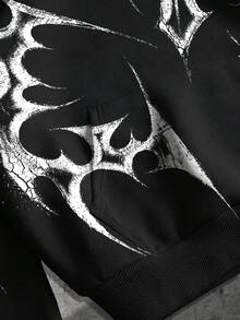 ROMWE MEN Goth 男士幾何印花前口袋套頭寬鬆版型連帽衫 - 黑色 - 查看 4