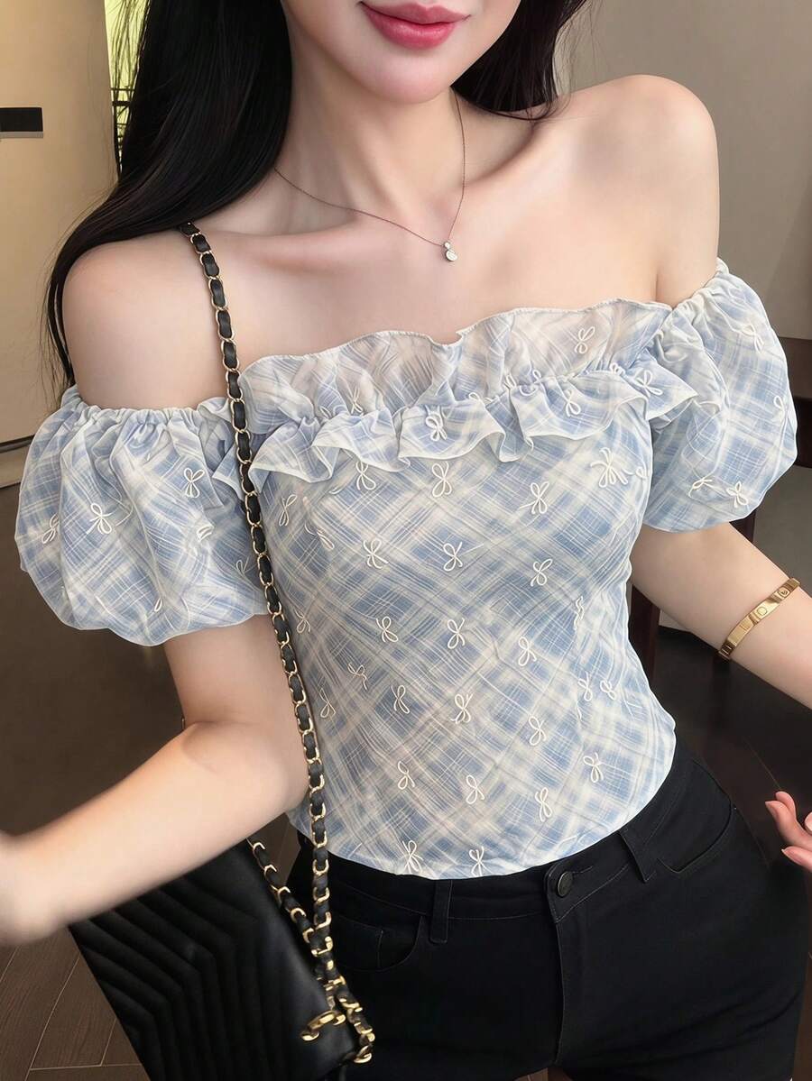 Joudiya 夏季蝴蝶結刺繡紋理蕾絲露肩短版上衣,綁帶設計短袖女式襯衫,度假宴會時尚派對薄款 - 藍色 - 查看 1
