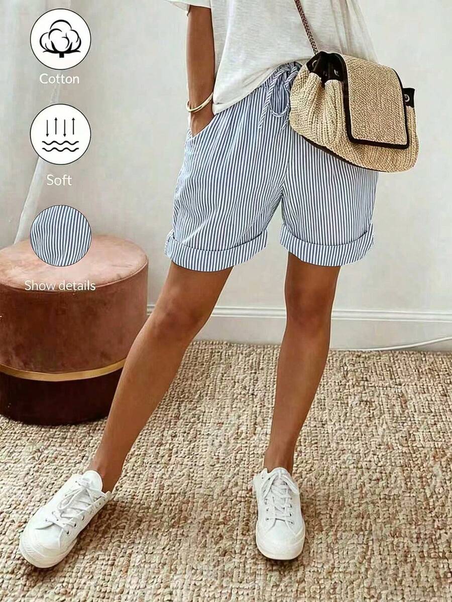 EMERY ROSE Women's Loose Striped Shorts With Pockets, Casual Vacation Style - Blue and White - View 1