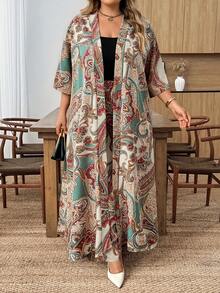 SHEIN CURVE+ Curve 尺码 US22 音乐节、海滨度假、波西米亚风印花两件套外套和裤子，度假沙滩装 - 彩色 - 查看 6