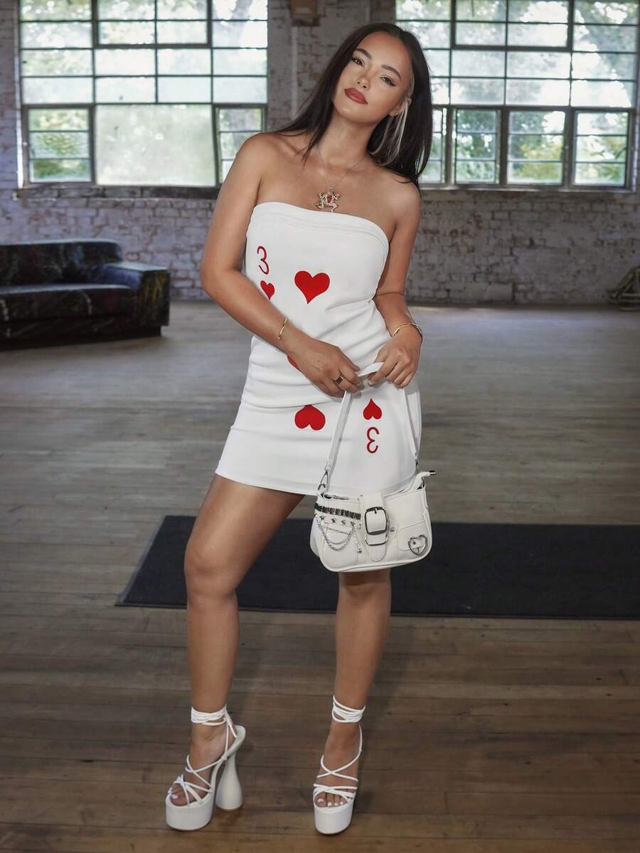 ROMWE X Magda Mysz Valentine's Day Playing Card Heart Embroidered Bandeau Mini Dress - White - View 1