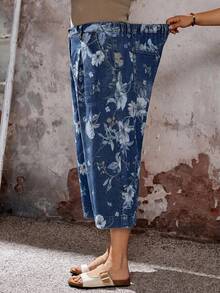 SHEIN EMERY ROSE CURVE 大尺碼女款花卉印花口袋鈕扣休閒七分寬腿牛仔褲，適合度假、假日、鄉村音樂會、海灘、外出、夏季 - 藍色 - 查看 5