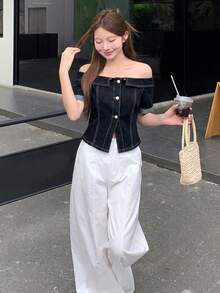 DAZY 女款韓式修身休閒牛仔上衣，夏季 - 藍色 - 查看 6