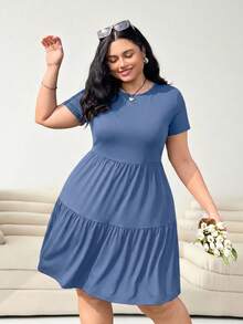 Solflare Plus Size Solid Color Ruffle Hem Round Neck Short Sleeve Summer Dress - Royal Blue - View 3