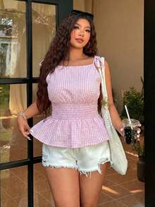 SHEIN EZwear 大尺碼女款格紋百褶抓皺休閒百搭日常出遊襯衫 - 淺粉色 - 查看 3