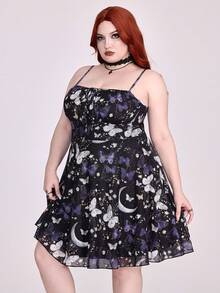 ROMWE Goth 哥特暗黑花卉花园蝴蝶、日月印花加大码女式吊带裙 - 黑色 - 查看 4