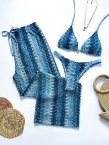 SHEIN Swim Chicsea 26SS 春夏度假沙滩波西米亚风酒红色编织比基尼泳衣套装（含泳裤） - 藍色 - 查看 1