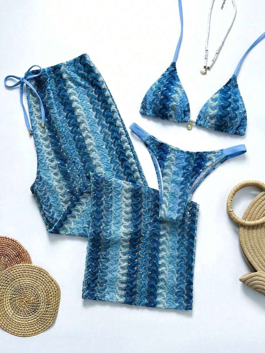 SHEIN Swim Chicsea 26SS 春夏度假沙滩波西米亚风酒红色编织比基尼泳衣套装(含泳裤) - 藍色 - 查看 1