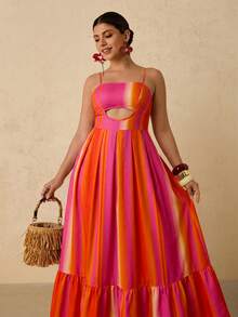 Travachic Đầm cami nữ size lớn phong cách đi biển mùa hè, màu gradient, chi tiết khoét rỗng, eo bo, gấu bèo nhún - màu nâu - Xem 1