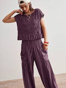 Bohemela Casual Boho Solid Color Knit Round Neck Loose T-Shirt Low Waist Loose Wide Leg Long Pants Women's 2 Pieces Set Travel Dusty Purple Summer - Dusty Purple - View 6