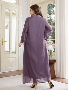 Al Najma Vestido largo de manga larga de gasa morada brillante, con parches de encaje floral, tela bordada con cuentas, vestido maxi elegante y holgado con cuello de camisa, talla grande - Morado - Ver 2