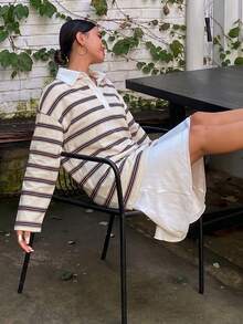 DAZY 女款拼接撞色寬鬆條紋長袖春夏休閒T恤上衣圖案印花衫 - 白色 - 查看 6