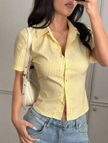 SHEIN PETITE 女款白色黃色條紋鈕扣襯衫，夏季休閒短袖領口修身女裝，適合辦公室、學校、海灘度假與日常穿著，小碼女款 - 黃色 - 查看 5