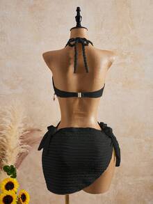 Bellisia 26SS Musim Semi/Panas Liburan Aprikot Vintage Leher Persegi Ramping Tali Kepang Bintang Laut Cangkang Halter Baju Renang Satu Potong Atasan & Rok 2 Potong - Hitam - View 2
