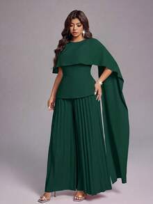 Viva Relle Plus Size Women's Spring/Summer New Lightweight Luxury Banquet Style Bean Paste Pink Jumpsuit, Asymmetric Shawl Waist-Cinched Pleated Wide-Leg Pants. Suitable For High-End Evening Parties, Wedding Guests, Red Carpet Events, Lightweight Luxury Banquet Style Fashion Apparel - Dark Green - View 4