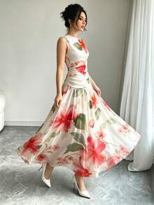 Modelyn 红色印花V领无袖长款连衣裙，女士时尚褶皱腰身长裙，白色花卉图案夏季度假优雅连衣裙 - 彩色 - View 4