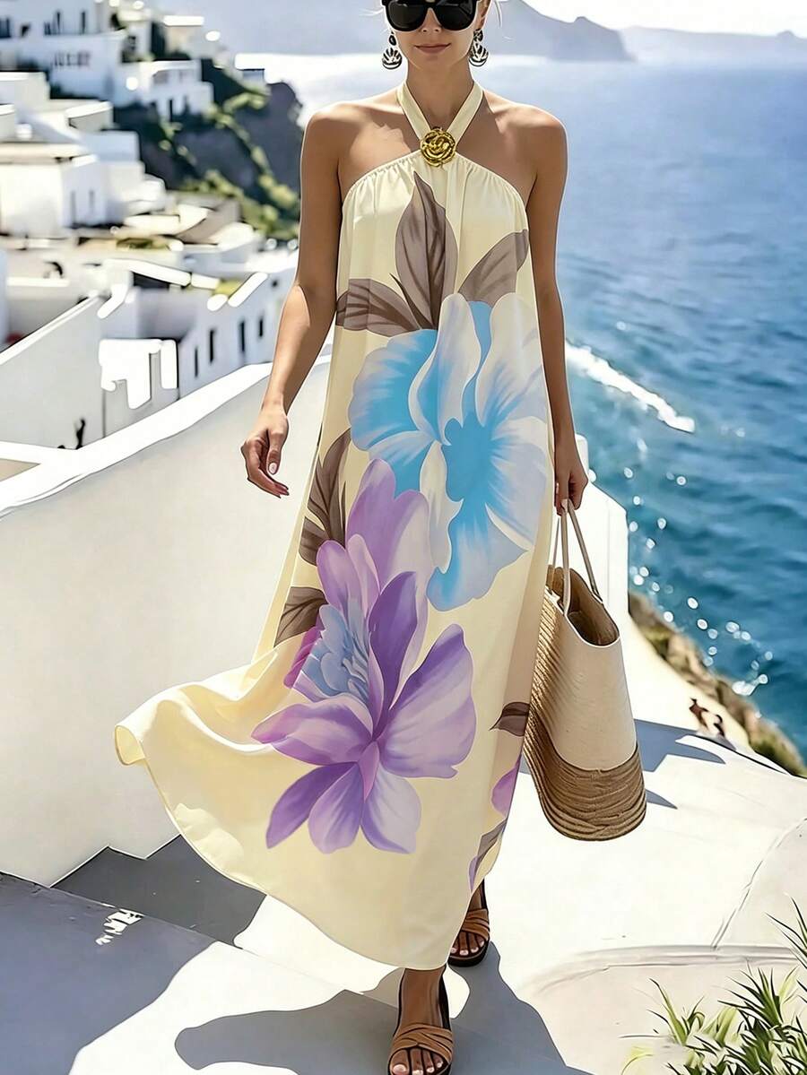 SHEIN Holidaya 女款花卉印花掛脖綁帶休閒度假洋裝 - 紫色 - 查看 1