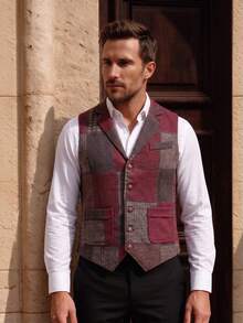 Officeau Nuevo chaleco retro de hombre con parches y contraste de colores en el cuello - Rojo - Ver 9