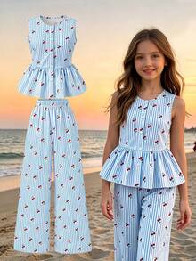 SHEIN Tween Girls Tank Top Shirt With Bow Button & Long Pants 2 Pieces Set - Blue - View 4