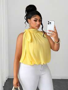 Maweii Plus Size Women Solid Color Pleated Casual Elegant Fashion Halter Neck Blouse Date Night Light Yellow Summer - Yellow - View 4
