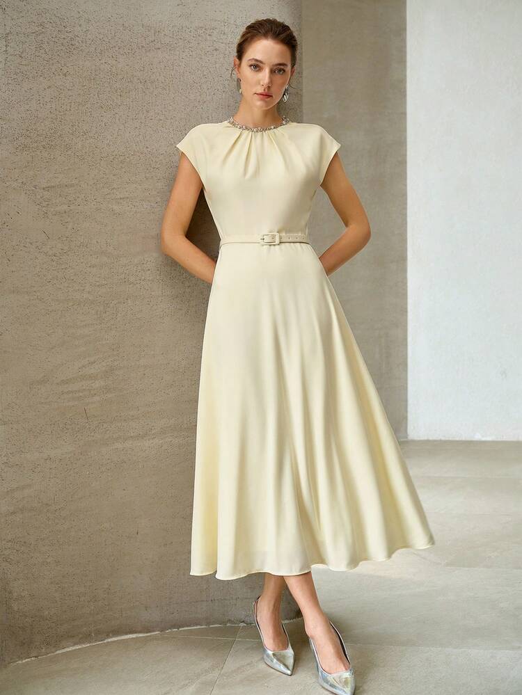 SPRING/SUMMER WOMEN'S ELEGANT COMMUTER GATHERED NECKLINE BUCKLE BELTED LONG DRESS
