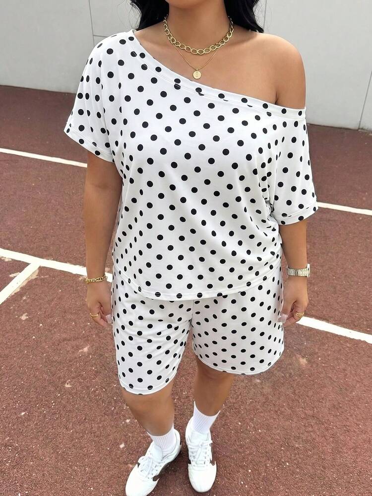 Muchica 2pcs/Set Plus Size Women Polka Dot Print Asymmetrical Shoulder Fashion T-Shirt And Casual Shorts - Black and White - View 1