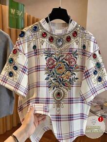 EMERY ROSE Blumiges Patchwork Karomuster Rundhals Kurzarm modisches T-Shirt in Große Größen - Verschiedenfarbig - Übersicht 1