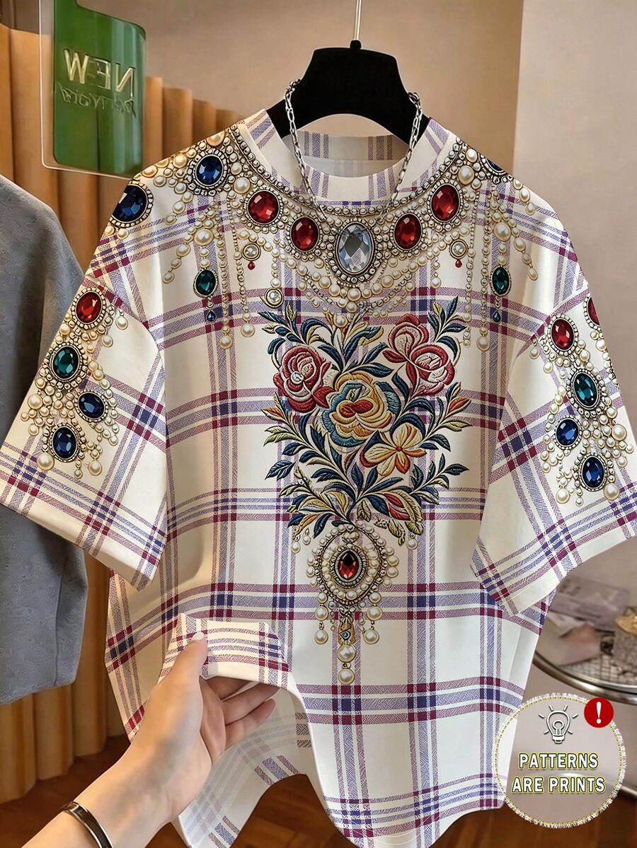 EMERY ROSE Blumiges Patchwork Karomuster Rundhals Kurzarm modisches T-Shirt in Große Größen - Verschiedenfarbig - Übersicht 1