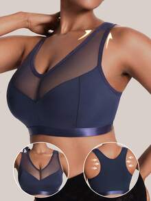 Barelissa Plus Size Women Comfortable Mesh Patchwork Wireless Bra - Blue - View 1